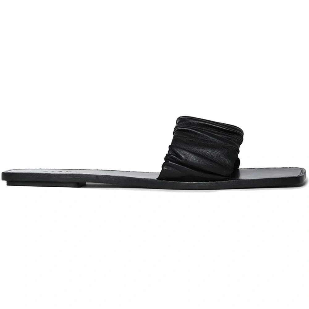STAUD Black Nina Ruched Slide Slip On Leather Sandal Made in Portugal, Size 9